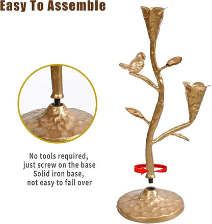 Gold Candelabra with Flowers and Bird for Farmhouse Decor, Vintage Metal Candlestick Holders for Dinner Room Table Centerpiece Decorative, Iron Candle Holder for Mantel Wedding Party Decor