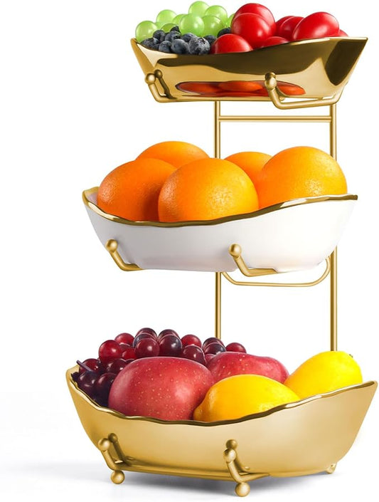 3 Tier Fruit Bowl for Kitchen Counter, White Gold Ceramic Fruit Stand for Countertop, Home Fruit Rack with Holder, Vegetable Bowl Snacks Nuts Bread Candy Storage, Small & Cute (Gold)
