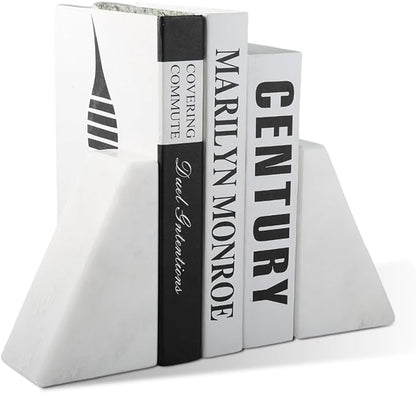 Marble Book Ends Decorative, Unique Bookends for Shelves, White Stone Bookends Holds Heavy Books, Weighted Book Holder Stopper for Home Office Desk Bookshelf Decoration, Set of 2