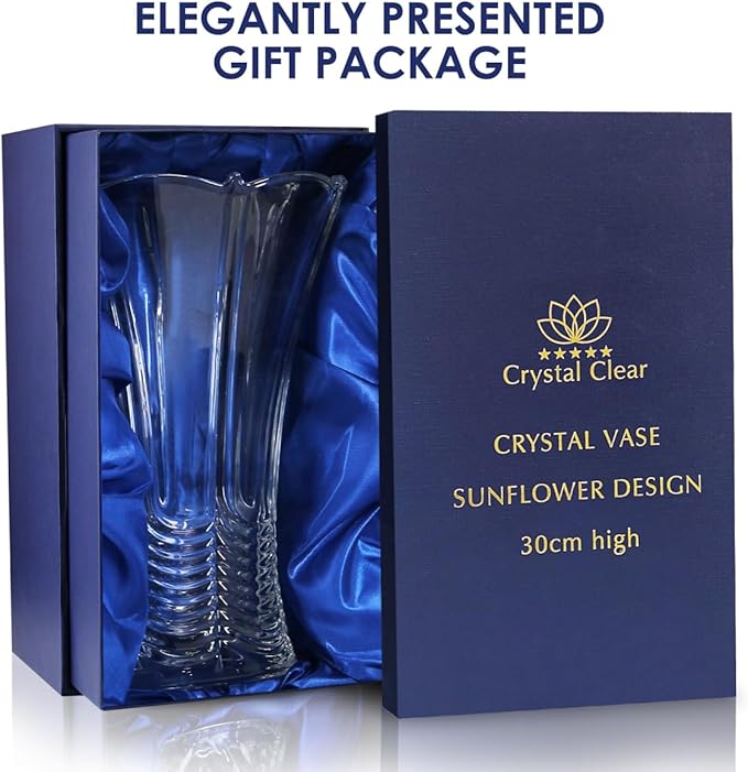 CS Crystal Vase 12-inch high, Water Ripple Design, for Flowers & Decor. Lovely Nice Shiny Piece. Perfect as a Gift, Suitable for All Occasions.