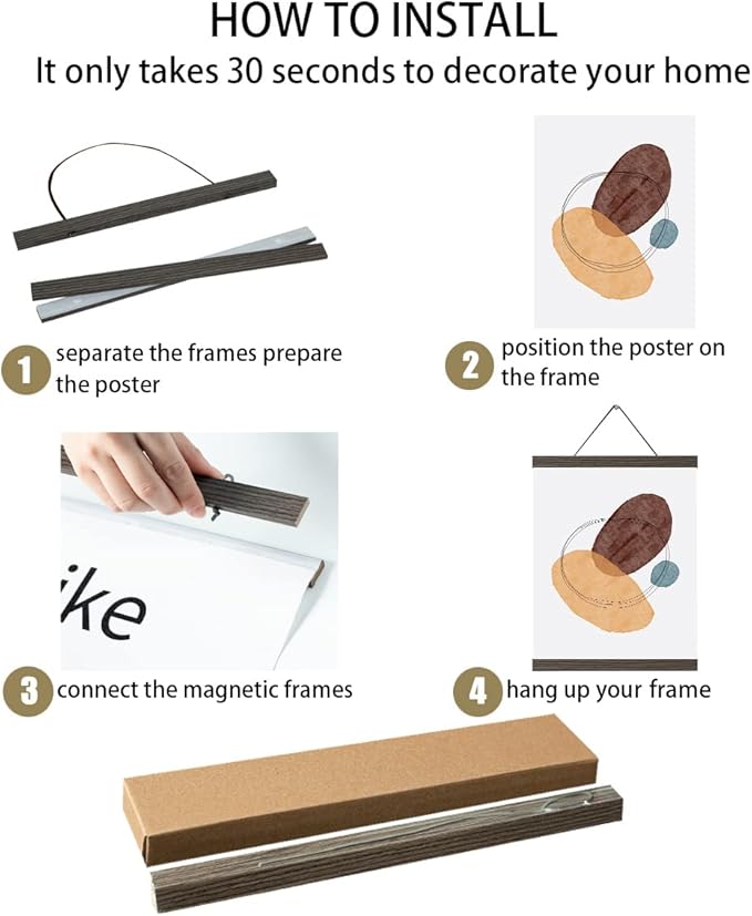 3 Pack Magnetic Poster Hanger Brown, 12x18 12x16 12x24 Poster Frame Wood Wooden Magnet Print Posters Dowel Scroll Hanger Hangers Hanging Kit for Walls Map Canvas Artwork