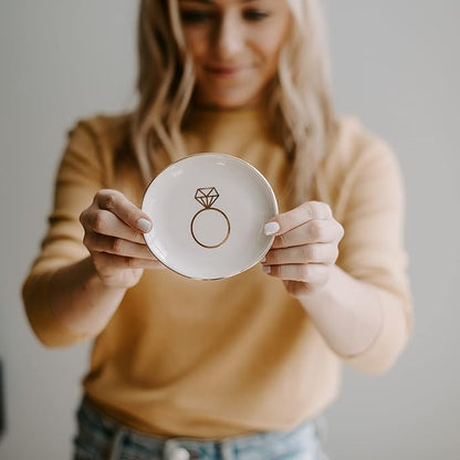Sweet Water Decor Ring Jewelry Dish Tray | Great for Her Engagement Engaged Ring Dish Holder Bride Ring Holder Gold Ceramic Trinket Tray Wedding Accessories