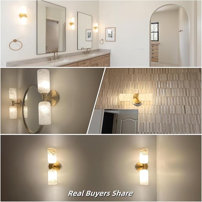 Alabaster Wall Sconces, 14" Modern Spanish Natural Marble Vanity Light, Dimmable Hardwired Brass Gold Wall Sconce Lighting for Bathroom Mirror, Bedroom, Living Room, Luxury Natural Stone Wall Fixtures