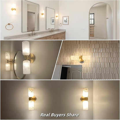Alabaster Wall Sconces, 14" Modern Spanish Natural Marble Vanity Light, Dimmable Hardwired Brass Gold Wall Sconce Lighting for Bathroom Mirror, Bedroom, Living Room, Luxury Natural Stone Wall Fixtures