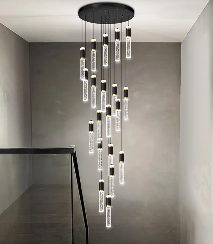 Modern Crystal Chandelier for Staircase Large High Ceiling Chandeliers Spiral Dimmable Hanging Light Fixture Flush Mount Bubble Pendant Lighting for Foyer Entryway Hallway