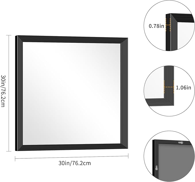 Black Bathroom Mirror 30 x 30 Inch Rectangle Wave Beveled Frame for Wall Bathroom Vanity Mirror for Over Sink, Tempered Glass,for Entryway Hangs, Bathroom Living Room Horizontal or Vertical