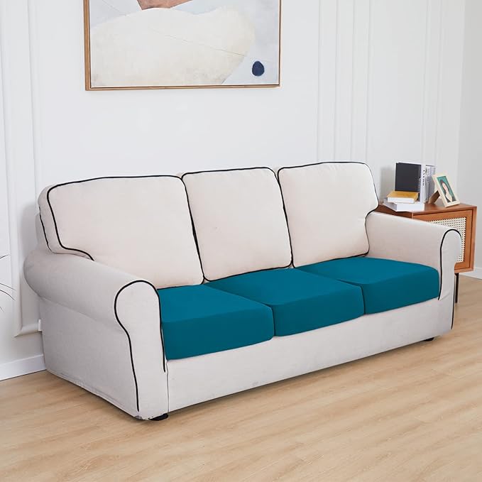 Easy-Going 100% Waterproof Chair Oversized Sofa Seat Cushion Slipcovers Couch Cushion Cover Stretch Furniture Protector for Kids, Pets (3-Piece Oversized Sofa Cushion, Peacock Blue)