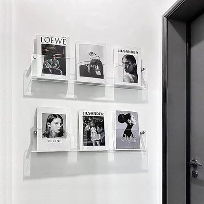 DuvinDD 2 Pack Acrylic Magazine Holder Rack Brochure Holder Wall Mount 24 inch Clear Hanging Magazine Rack Floating Bookshelf for Literature Pamphlet Organizer for Room Office, with Mounting Kit