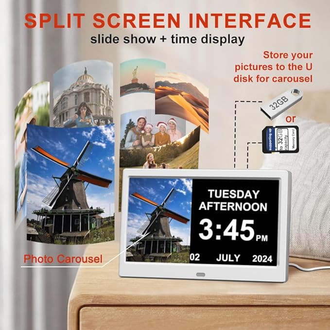 Alarm Clock with Day and Date for Elderly Digital Calendar Clock Photo Frame- Auto Dimmable Display 15 Alarm Options (10inch White)