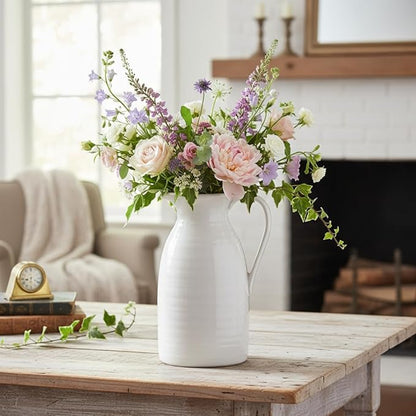 hjn Farmhouse Pitcher Vase for Flowers- Ceramic Pitcher White Flower Vase for Your Kitchen/Home Decor/Office/Living Room/Bookshelf/Mantel/-White