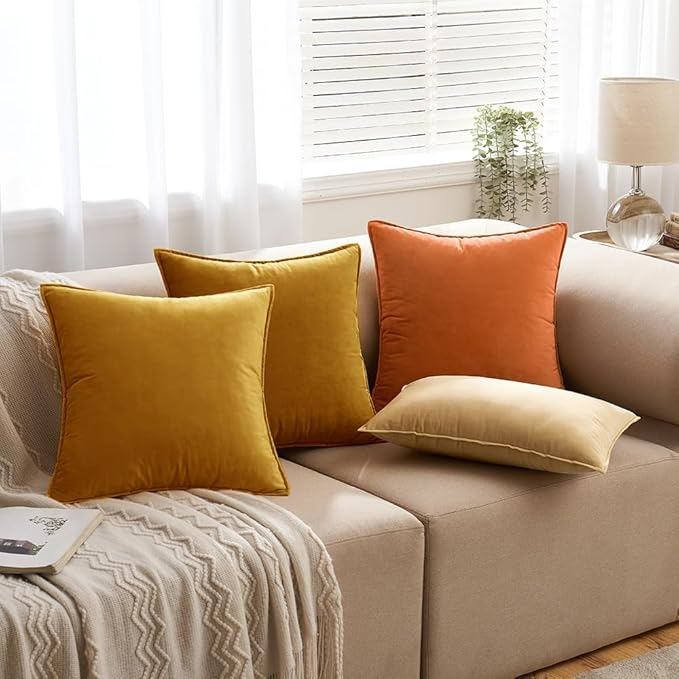 MIULEE Fall Pack of 2 Mustard Yellow Decorative Velvet Throw Pillow Covers Soft Pillowcases Solid Square Cushion Case for Summer Sofa Bedroom Car 18x18 Inch