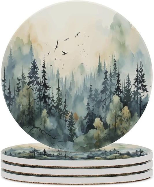 4PCS Forest Drink Coasters, Round Modern Ceramic Absorbent Coasters, Watercolor Style Nature Mountain Woodland Green Forest Flying Birds Decor Desk Coffee Table Coaster for Beverage Cup Tea Coasters