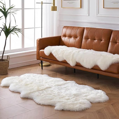 HUAHOO Premium Genuine Sheepskin Rug Real Australia Sheepskin Natural Luxury Fluffy Lambskin Fur Area Rug Seat Covers for Kids Bedroom Sofa Chair Cover Pets Dogs Mat Quarto Pelt/4' x 6' White/Ivory
