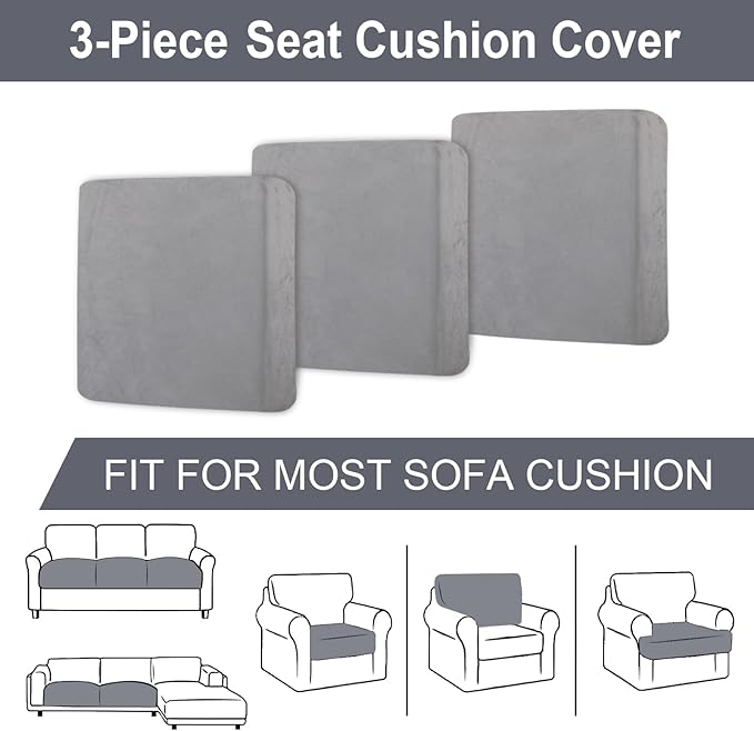 Couch Cushion Cover Velvet 3 Pieces Seat Cushion Cover Stretch Sofa Covers Separate Sectional Sofa Slipcovers Furniture Protector (3-Seater or Backrest, Light Grey)