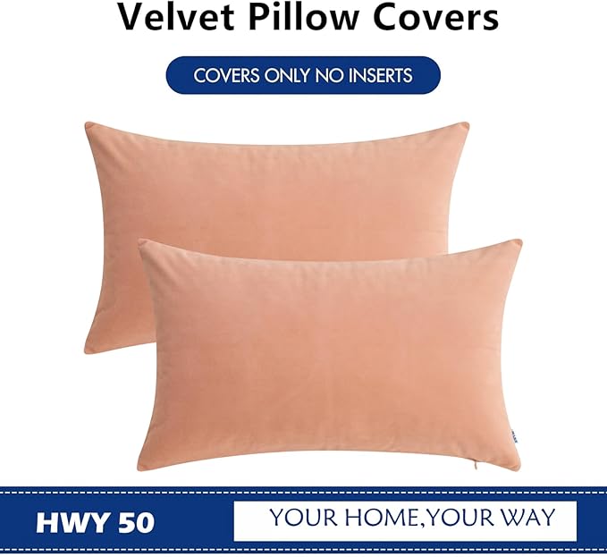 HWY 50 Dusty Pink Velvet Rectangular Throw Pillow Covers 12x20 Inch, Pack of 2 Soft Cozy Solid Decorative Luxury Cushion Cases for Couch Sofa Bed Living Room Bedroom