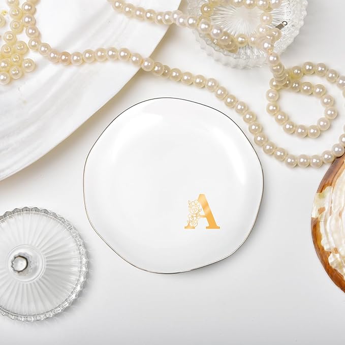 Initials Ring Dish Jewery Tray with Personalized A Monogrammed, Decorative Trinket Dish for Rings Earrings Necklaces Bracelet Watch Keys, Women Wife Friend Birthday Wedding Christmas Gifts