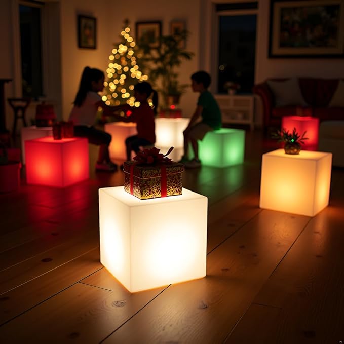 14 inch Versatile LED Cube Light Chair, Rechargeable Light Cubes Table w/Remote, RGB Color Changing Night Light Cube, IP65 Waterproof Lighted Cubes Stool Mood Lights for Kid Home Garden Patio Party