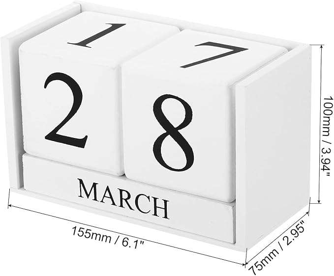 PATIKIL Vintage Wood Block Perpetual Calendar, Reusable Wooden Month Date Display Blocks for Desk Office Home Decoration 6.1", White