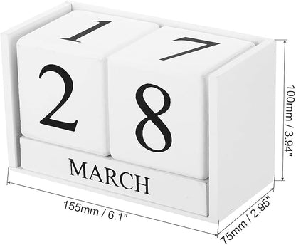 PATIKIL Vintage Wood Block Perpetual Calendar, Reusable Wooden Month Date Display Blocks for Desk Office Home Decoration 6.1", White