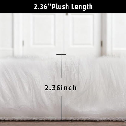 White Faux Fur Sheepskin Area Rug for Living Room Bedroom, 6 x 6 Feet Ultra Soft Shaggy Fuzzy Furry Carpet Chair Throw Large Rugs for Kids, Girls, Nursery Room Decor Dorms
