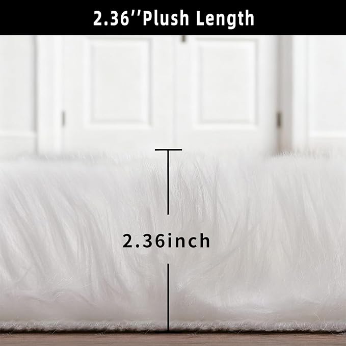 White Faux Fur Sheepskin Area Rug for Living Room Bedroom, 4 x 6 Feet Ultra Soft Shaggy Fuzzy Furry Carpet Chair Throw Large Rugs for Kids, Girls, Nursery Room Decor Dorms