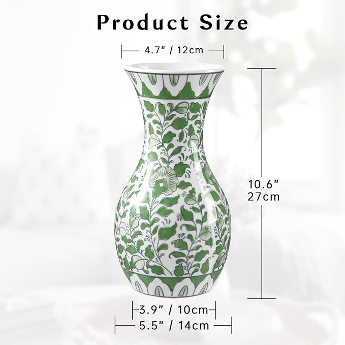 Green and White Ceramic Vase, 11" Tall Chinoiserie Vase in Wide Mouth, Vintage Green Flower Vases Decorative Vases for Home Decor, Table Centerpiece, Living Room, Dining Room, Entryways Decor
