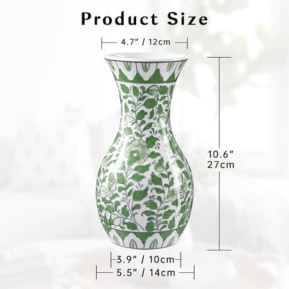 Green and White Ceramic Vase, 11" Tall Chinoiserie Vase in Wide Mouth, Vintage Green Flower Vases Decorative Vases for Home Decor, Table Centerpiece, Living Room, Dining Room, Entryways Decor