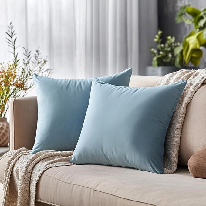 QUORGVES Light Blue Velvet Pillow Covers 16x16 Inch Set of 2, Soft Solid Decorative Square Throw Pillow Covers, Decor Cushion Covers for Bed Sofa Couch Bedroom Living Room - Coastal Sky Baby Blue