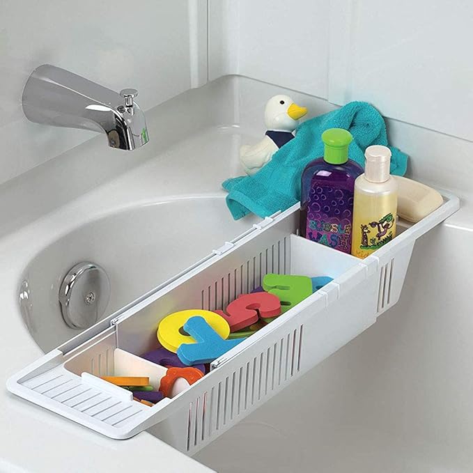 Plastic Bath Tray, Bathtub Holder Non-Slip Telescopic Bathtub Caddy Adjustable Multifunction Storage Tub Shelf Bathtub Stand for Bathroom-White 86x14x10cm(34x5.5x4inch)