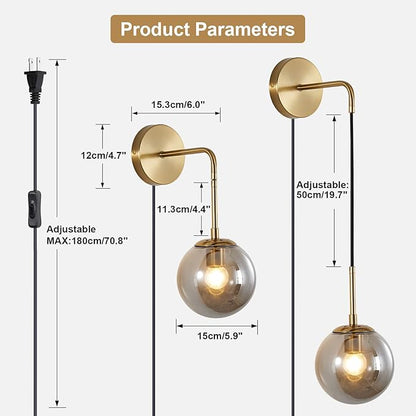 KCO Modern Globe Wall Sconce with Plug in Industrial Vintage Wall Lamp On/Off Switch Adjustable Minimalist 1-Light Mounted Reading Lamps for Bedroom Living Room Corridor(Smoke Gray & 2-Pack)