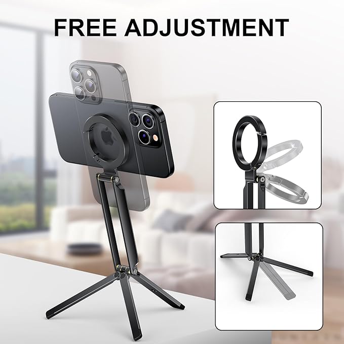 Magnetic Phone Tripod Stand Foldable Magnetic Mini Tripod Pocket Cell Phone Stand with Arca-Swiss, 1/4'' Screw Hole,Compatible with Magsafe for iPhone 17/16/15/14/13/12