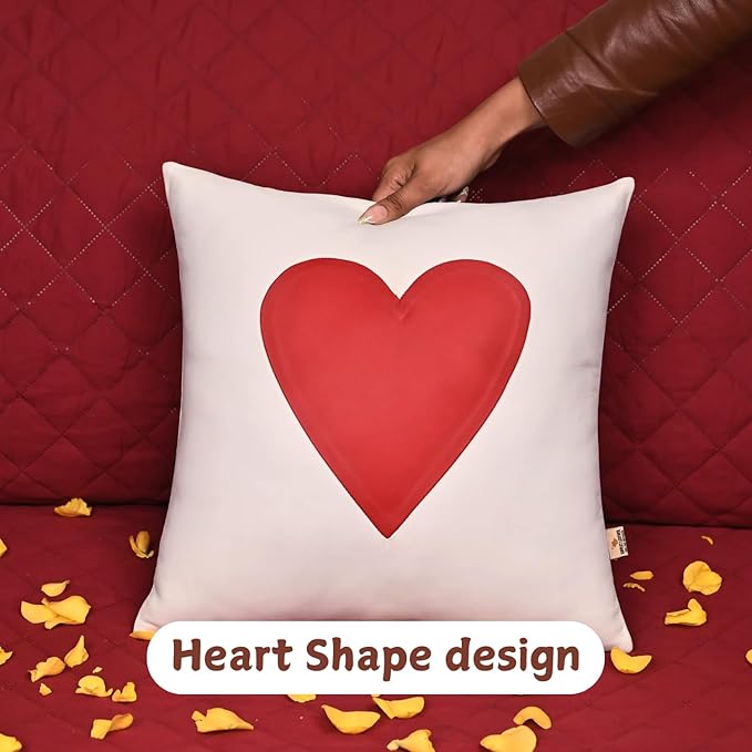Genuine Lambskin Leather Pillow Cover, 22x22 Inch Case for Lumbar Throw Couch Pillows, Thick & Soft Cushion Covers for Sofa Bed Home Décor (Red Heart & White Plain Pack of 1)