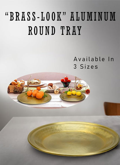 Serene Spaces Living 12" Brass-Look Aluminum Round Tray, Handcrafted in India, Decorative Vanity Tray, Organizer, Serving Platter, Fruit Holder, Candle Holder for Coffee Table, Catchall Tray