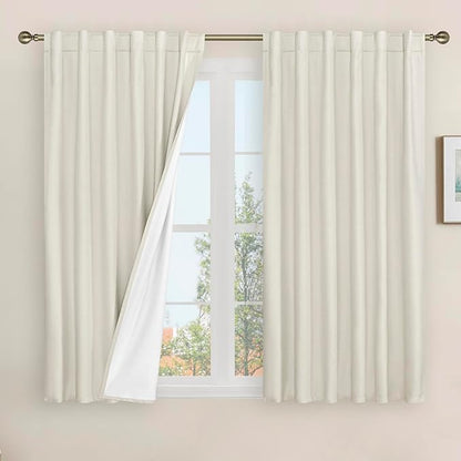 LAMIT 54 Inch Linen Full Blackout Window Curtains for Bedroom, Thermal Farmhouse Curtains Back Tab and Rod Pocket Privacy Protected Burlap Panels with White Liner, 2 Panels, 52 x 54 Inch, Ivory