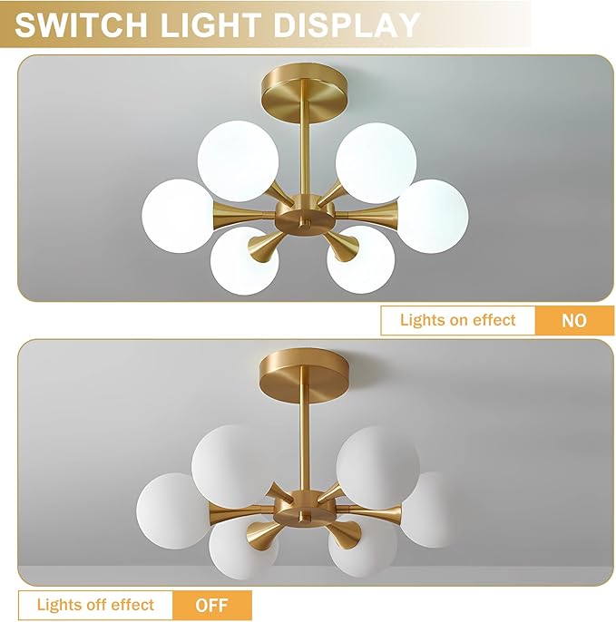 Radiya Modern Brushed Brass Gold Ceiling Light with White Spherical Milk Glass Lampshade, Semi Embedded Ceiling Light Fixture for Living Room Bedroom Dining Room LobbyFoyer Hallway (6 Lights)