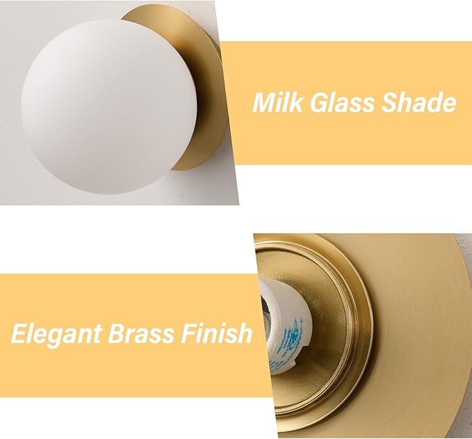 Modern Glass Globe Wall Sconce: Gold Spherical Sconces Light - Small Brass Vanity Single Ball Lights Fixture - Contemporary Milk Glass Wall Mounted Lamp for Bedroom Bathroom Hallway Bulb Not Included