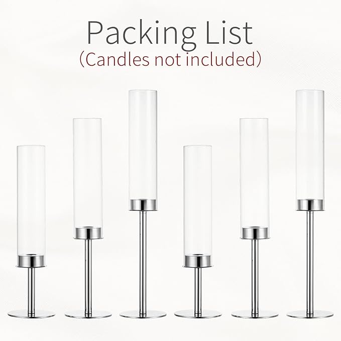 Hurricane Taper Candle Holders: Silver Glass Candlestick Holder Tall Candle Sticks Holder Decor with Glass Cover for Wedding Table Centerpiece Party Birthday Christmas Home Mantel Set of 6