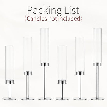 Hurricane Taper Candle Holders: Silver Glass Candlestick Holder Tall Candle Sticks Holder Decor with Glass Cover for Wedding Table Centerpiece Party Birthday Christmas Home Mantel Set of 6