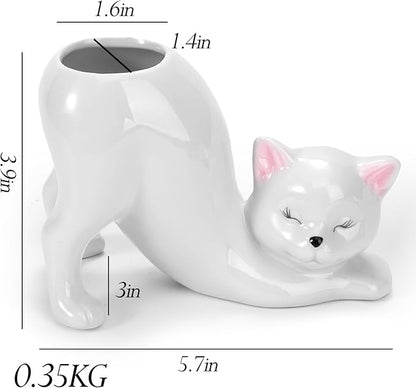 TOIVO Unique Cat Planter Pot，Indoor and Outdoor Plant Displays，Funny Ceramics Cat Flower Pot，Gifts for Cat Lovers，Lovely Office Desk Room Home Decor (White, Small)