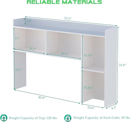 Wooden Desktop Hutch Bookshelf - Free Standing Desk Storage Shelf with Top Edge for Computer Desk, Desktop Bookcase for Dorm, Home or Office, Countertop Organizer, White, 53.2"