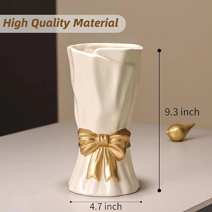 Bow Vase, White Flower Vase for Home Decor, White Ceramic Vases for Boho Style, 9.3 Inch Large Vases for Ideal Shelf Decor/Table/Living Room. (Glazed Exterior and Interior)