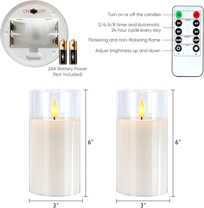 5plots Flameless Battery Operated Candles Set of 2, White LED Candles with Remote Timer, Real Wax Glass Pillar Candles Warm Flickering Light for Indoor Home, Halloween, Christmas Decor D3 x H6 6"