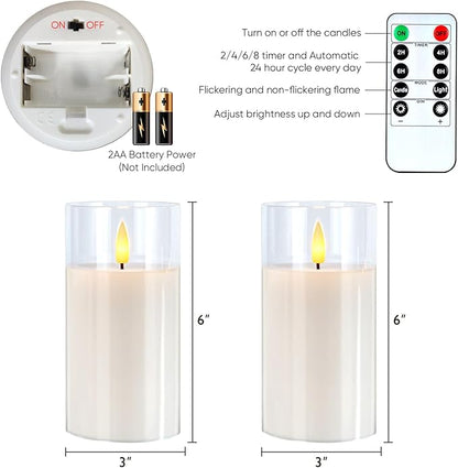 5plots Flameless Battery Operated Candles Set of 2, White LED Candles with Remote Timer, Real Wax Glass Pillar Candles Warm Flickering Light for Indoor Home, Halloween, Christmas Decor D3 x H6 6"