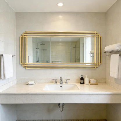Gold Rectangle Mirror, 47"x22" Geometric Art Deco Mirror with Metal Frame, Modern Elegant Wall Mirrors for Living Room Bathroom Bedroom Entryway Hallway, Hangs Vertically or Horizontally
