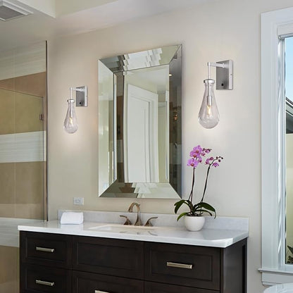 HuisMier Nickel Wall Sconces, Modern Raindrop Wall Sconce with On Off Switch, Clear Glass Wall Mounted Lamp Indoor Vanity Light Fixtures for Bathroom Bedroom Hallway Living Room, Hardwired