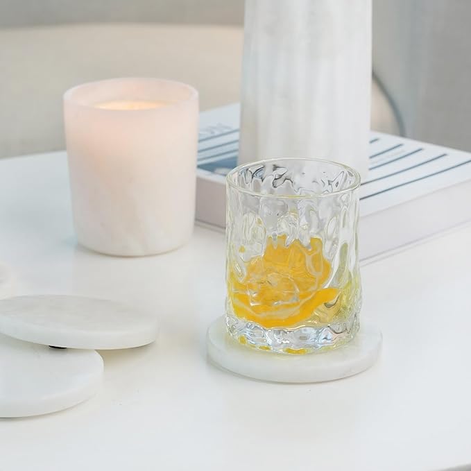 Koville Marble Coaster Set of 4, Round White Coasters, 4" Cup Coasters for Drinks, Heat Resistant Coaster for Coffee Table Home Office Bar Decor(Namib Fantasy)