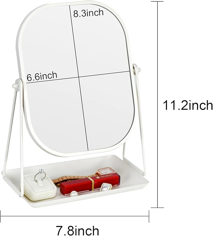 Rotating Metal Makeup Mirror with Storage, Vanity Mirror for Desk, Bathroom, Bedroom, Dressing Table (White)