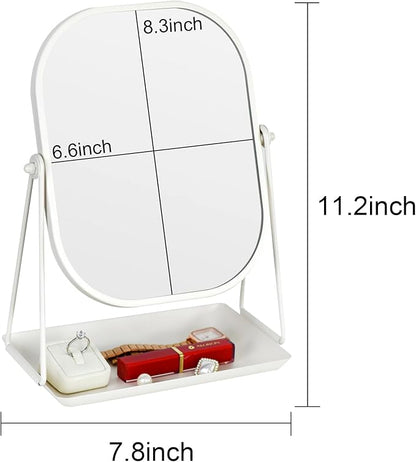 Rotating Metal Makeup Mirror with Storage, Vanity Mirror for Desk, Bathroom, Bedroom, Dressing Table (White)