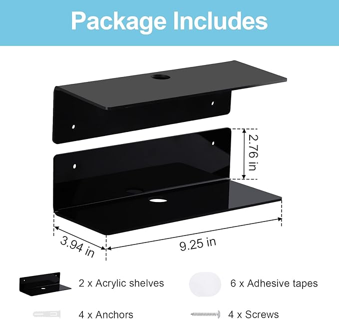 9 Inch Acrylic Floating Shelf No Drill Adhesive Wall Shelf Set of 2 for Funko Pop Storage, Floating Shelves Damage-Free Expand Wall Space for Living Room, Bathroom, Gaming Room, Office - Black