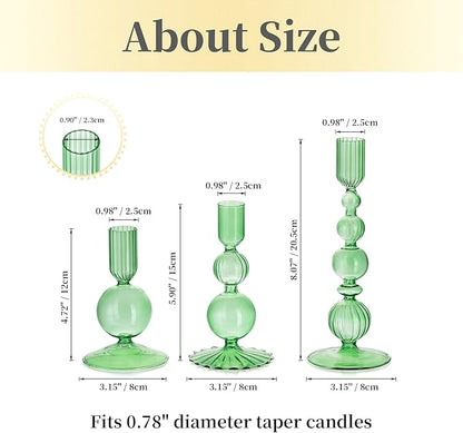 Hewory Glass Candlestick Holders Set: 3PCS Green Candle Holder Taper Candle Holders Bulk, Crystal Ribbed Candle Sticks Holder Decor for Table Centerpiece Wedding Christmas Thanksgiving Dinner